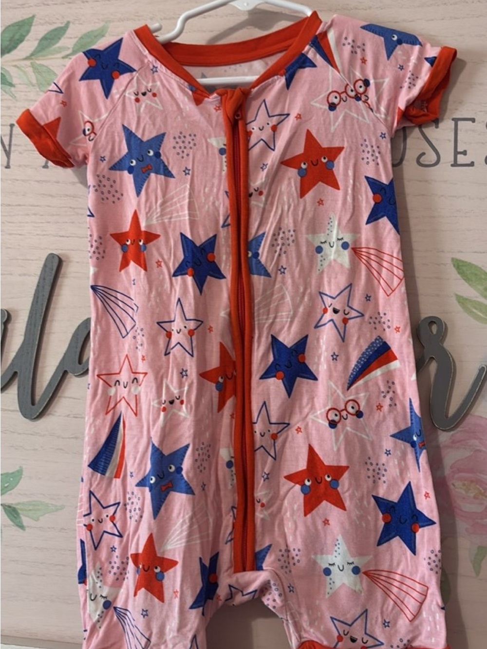 Little Sleepies Pink Star Print Short Sleeve Pajama Romper with Red Trim